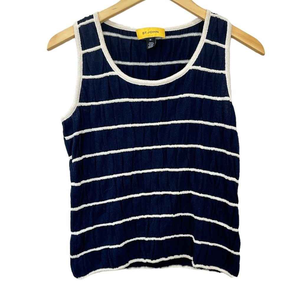 ST. JOHN Blue White Striped Sleeveless Knit Top Stretch‎ Women’s Sz Medium